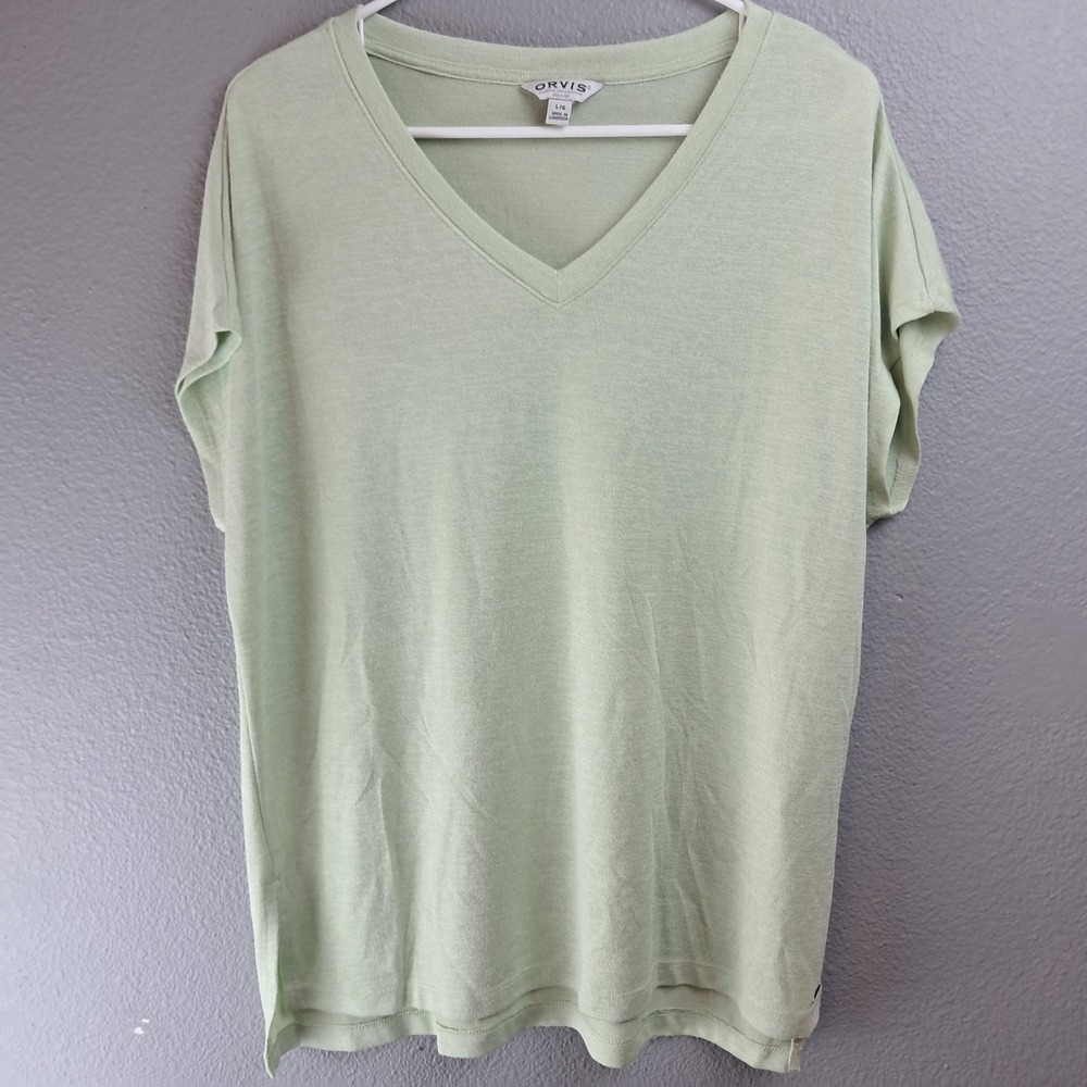 Orvis Womens Sage Green L V-Neck T-Shirt Relaxed Fit Short Cap Sleeve Casual Top